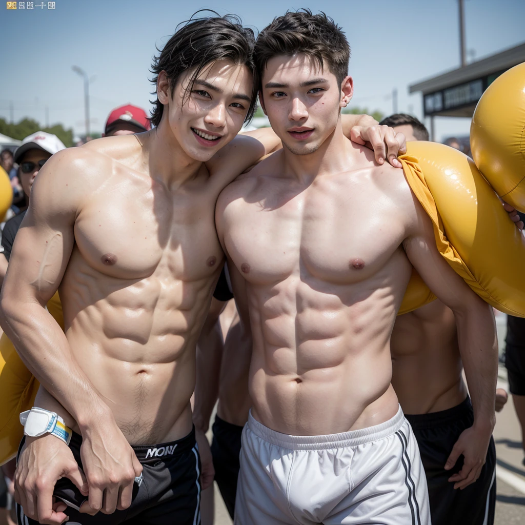 Male athlete,big white skin ,Handsome guy,Wearing tight transparent,Sunny and lively,youthful feeling,wearing nipple rings