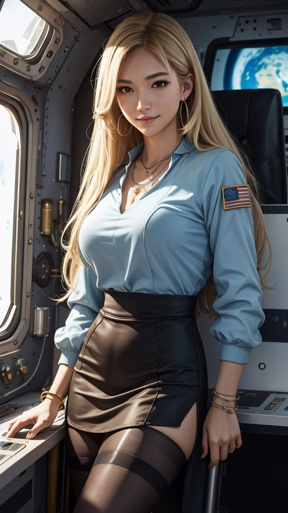 The astronaut who has wandered into a different world encounters the technology and culture of that world. He cooperates with the inhabitants of the different world to repair his spacecraft and attempt to return. However, as he becomes more exposed to the culture and customs of the different world, the astronaut's mindset begins to change. 8K , HD, highly detailed, realistic, photography, photo realism, --ar 9:16 -- at 6.0 --s 750,alone, Long Hair, View your viewers, Blonde, Brown eyes, gem, whole body, Realistic, Sexy、Big Breasts 、stockings、necklace、clip on earrings,during,bracelet、smile,office staff suit