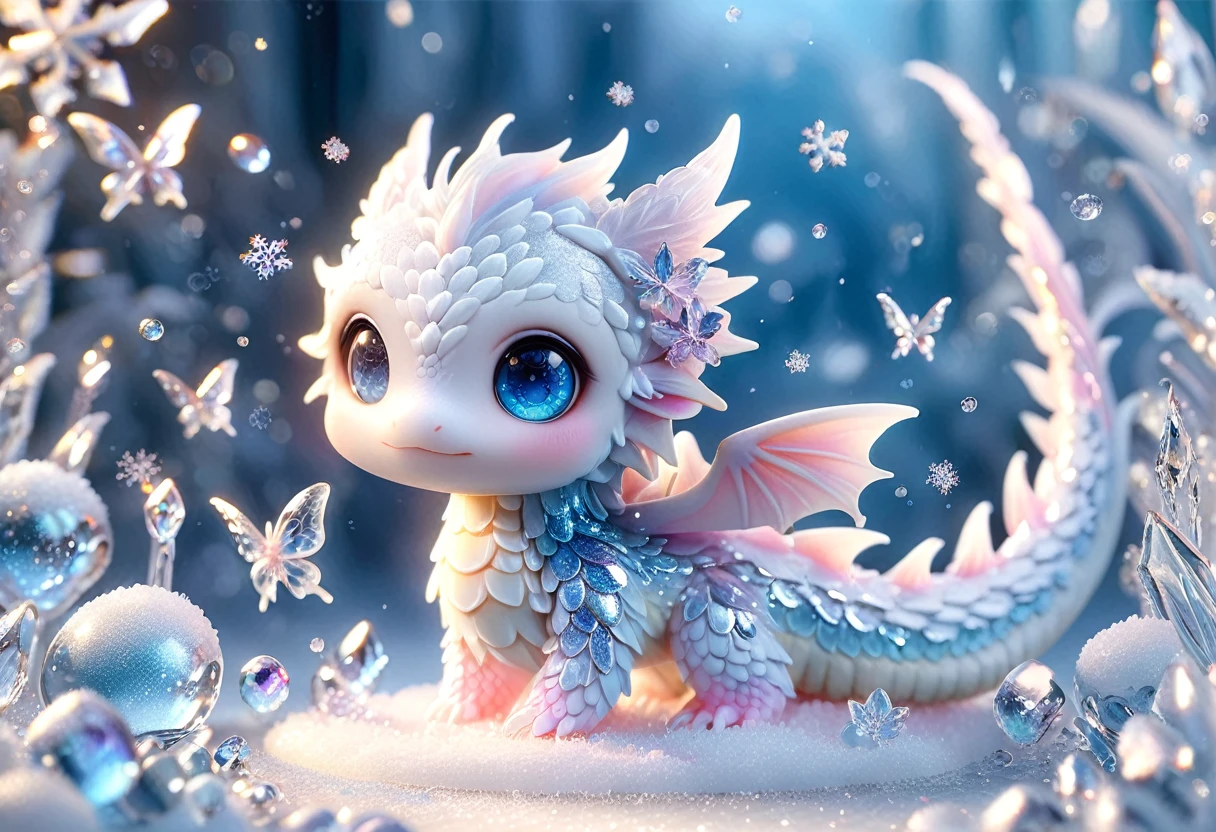 Ultra detailed, HDR, Highres, absurdres, master piece, white dragon, expressive blue eyes, small dragon, glass, ice glittering butterflies, ice, petals, pink ice glass flowers, cute, glittering, water, fantasy, magical, snowflakes, cold, glass