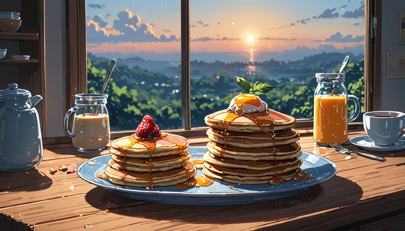 ((Anime: 1.4, Illustration)), (Masterpiece, Top Quality, Best Quality), (Ultra-Detailed, Absolutely Resolution), ((16k, HIGH RES)) (Nice breakfast, pancakes, fruit, morning, sunrise, sunny sky), ( Anime: 1.4, Illustration)), (Masterpiece, Top Quality, Best Quality), (Ultra-Detailed, Absolutely Resolution). Ak {Lofi Art, Style of Laurie Greasley, Style of Makoto Shinkai, Anime Aesthetic}, BREAK {(Produces IMAGES WITH ITH INFORMATION THAN 40 Million Pixels with Cinematic-Like Detailed Textures S Hot on a Sony slur).}