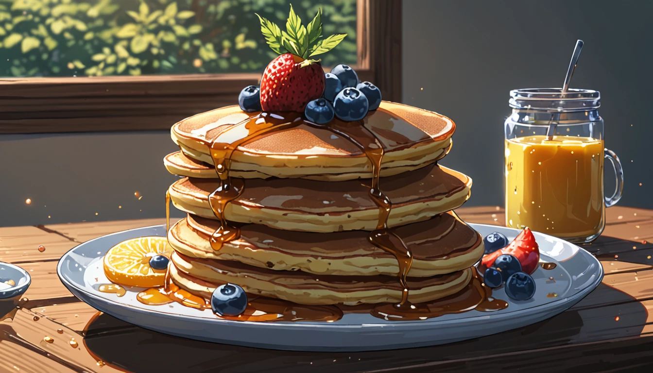 ((Anime: 1.4, Illustration)), (Masterpiece, Top Quality, Best Quality), (Ultra-Detailed, Absolutely Resolution), ((16k, HIGH RES)) (Nice breakfast, pancakes, fruit, morning, sunrise, sunny sky), ( Anime: 1.4, Illustration)), (Masterpiece, Top Quality, Best Quality), (Ultra-Detailed, Absolutely Resolution). Ak {Lofi Art, Style of Laurie Greasley, Style of Makoto Shinkai, Anime Aesthetic}, BREAK {(Produces IMAGES WITH ITH INFORMATION THAN 40 Million Pixels with Cinematic-Like Detailed Textures S Hot on a Sony slur).}