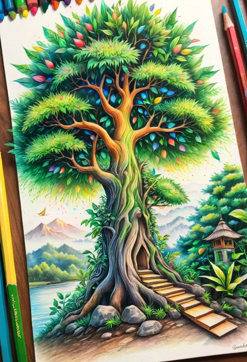 gambar pohon, colourpencils style,