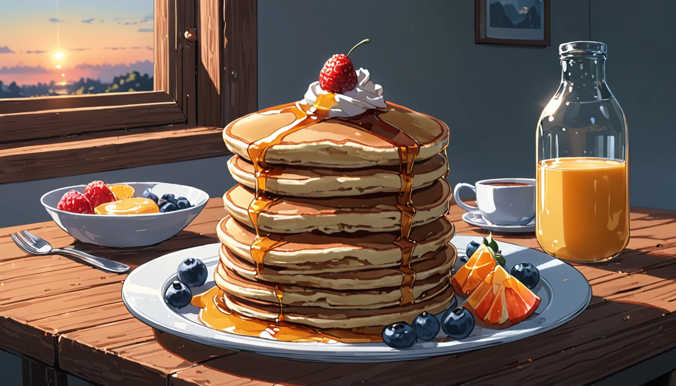 ((Anime: 1.4, Illustration)), (Masterpiece, Top Quality, Best Quality), (Ultra-Detailed, Absolutely Resolution), ((16k, HIGH RES)) (Nice breakfast, pancakes, fruit, morning, sunrise, sunny sky), ( Anime: 1.4, Illustration)), (Masterpiece, Top Quality, Best Quality), (Ultra-Detailed, Absolutely Resolution). Ak {Lofi Art, Style of Laurie Greasley, Style of Makoto Shinkai, Anime Aesthetic}, BREAK {(Produces IMAGES WITH ITH INFORMATION THAN 40 Million Pixels with Cinematic-Like Detailed Textures S Hot on a Sony slur).}