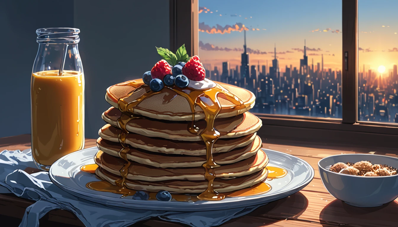 ((Anime: 1.4, Illustration)), (Masterpiece, Top Quality, Best Quality), (Ultra-Detailed, Absolutely Resolution), ((16k, HIGH RES)) (Nice breakfast, pancakes, fruit, morning, sunrise, sunny sky), ( Anime: 1.4, Illustration)), (Masterpiece, Top Quality, Best Quality), (Ultra-Detailed, Absolutely Resolution). Ak {Lofi Art, Style of Laurie Greasley, Style of Makoto Shinkai, Anime Aesthetic}, BREAK {(Produces IMAGES WITH ITH INFORMATION THAN 40 Million Pixels with Cinematic-Like Detailed Textures S Hot on a Sony slur).}