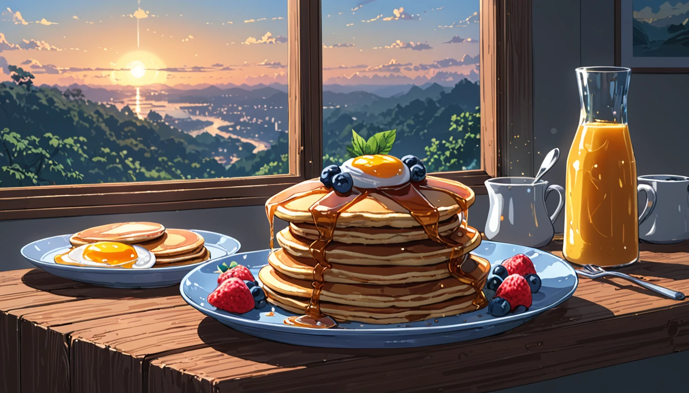 ((Anime: 1.4, Illustration)), (Masterpiece, Top Quality, Best Quality), (Ultra-Detailed, Absolutely Resolution), ((16k, HIGH RES)) (Nice breakfast, pancakes, fruit, morning, sunrise, sunny sky), ( Anime: 1.4, Illustration)), (Masterpiece, Top Quality, Best Quality), (Ultra-Detailed, Absolutely Resolution). Ak {Lofi Art, Style of Laurie Greasley, Style of Makoto Shinkai, Anime Aesthetic}, BREAK {(Produces IMAGES WITH ITH INFORMATION THAN 40 Million Pixels with Cinematic-Like Detailed Textures S Hot on a Sony slur).}