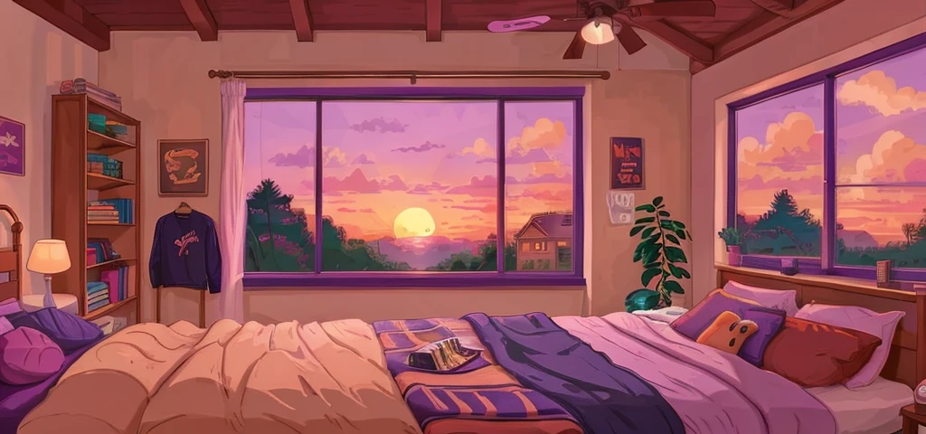 bedroom, sunset, Lofi vibe, snacks & clothes, cartoon, purple