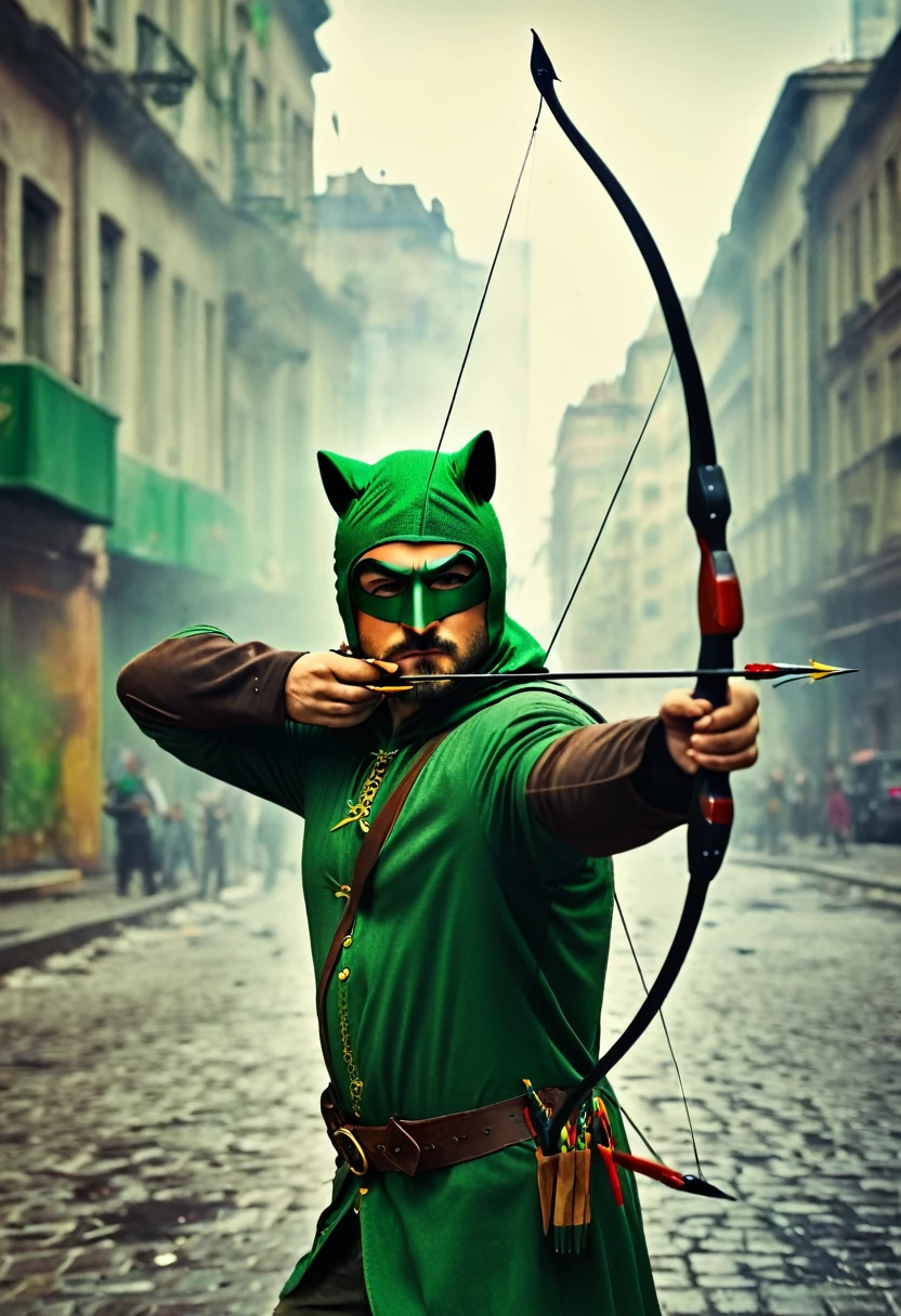 (best qualityer,4K,8K,high resolution,work of art:1.2),ultra detali,(realisitic,photorealisitic,photo-realisitic:1.37),bright coloured,studio lighting,hdr,physically based rendering,extreme detailed description,sharp focus,portraits. Robin Hood with superhero mask shooting bow and arrow. action scene. Green Archer. campy. Street background in big city.