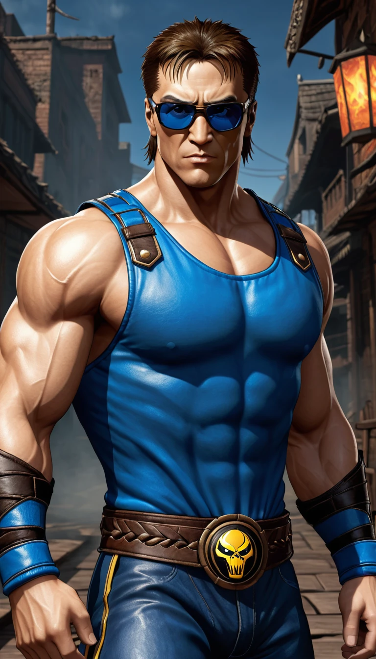 (Johnny Cage - Mortal Kombat), a muscular and athletic man, with brown hair and blue eyes. He often wears stylized combat gear., often with sunglasses and distinctive tattoos.