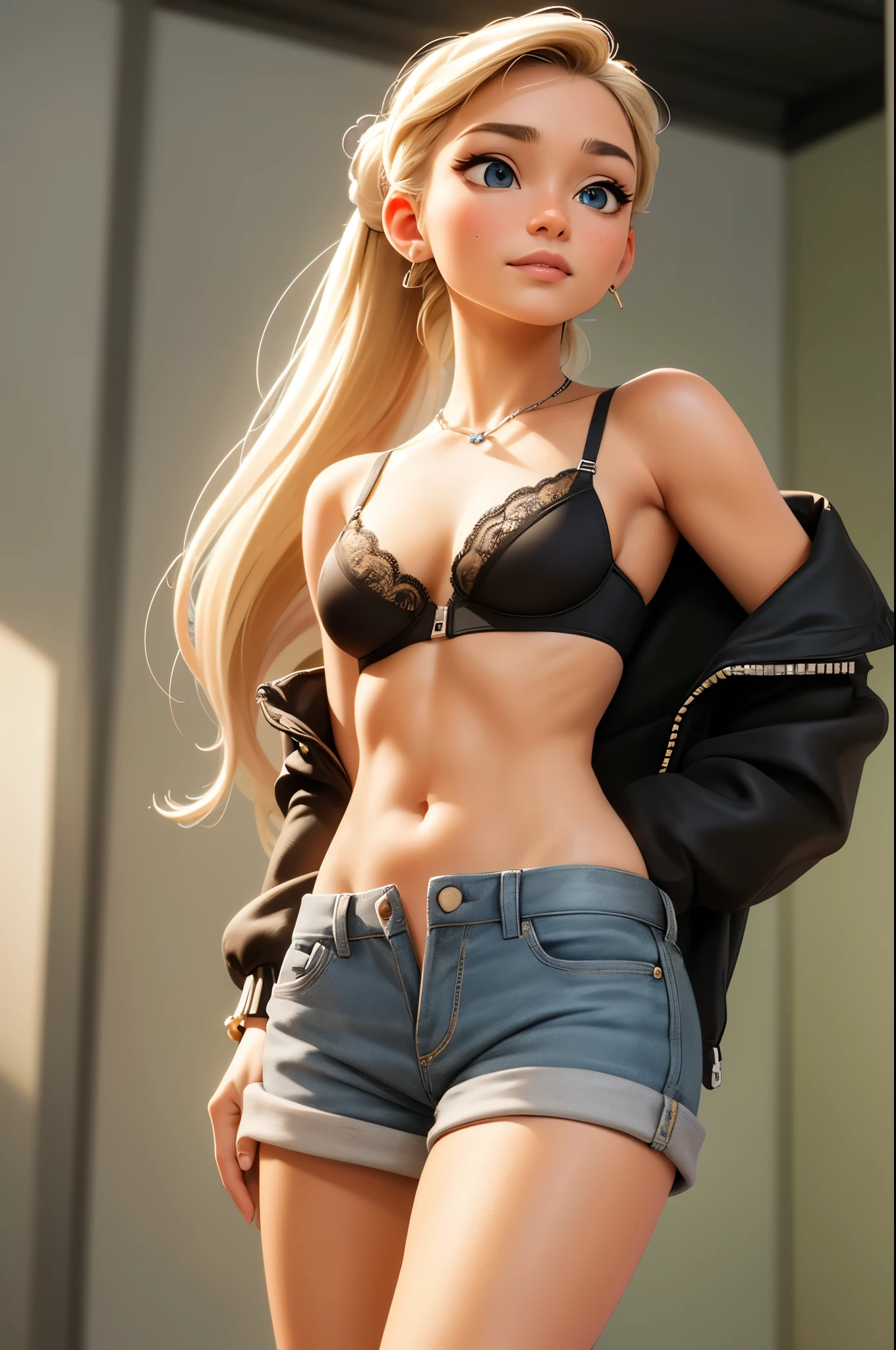 (masterpiece, best quality, ultra-detailed, highres, 4k),(beautiful detailed eyes),(very detailed face),(1girl),HDR,long hair, black shorts, blue eyes, blonde hair, bracelet, sports bra, jewelry, watch, lips, solo focus, nail polish, ponytail, blurry background, smirk, wristwatch, realistic, unzipped and unbuttoned shorts