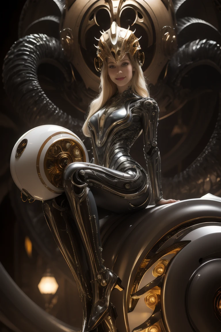 (masterpiece1.2),(best quality:1.2),(raw photo),1girl rides a dragon, solo,robot woman by cybernetic ludum dare,blond hair,legs,boots,(light smile:0.85),looks at viewer,face to viewer,in the style of sci-fi baroque, (rococo_style headgear), translucent thin tubes linked with helmet,white,copper_color, glowing light,8k resolution, machine aesthetics, intricate detail, hyper-realistic sci-fi, futuristic organic,(high key lighting),the bodysuit composed of  various translucent mechanical parts, H.R. Giger aesthetic,cyberpunk aesthetic. baroque xenomorph,dust in light,foggy,bokeh,kodak film,kodak portra 400,natural skin, true skin texture,  