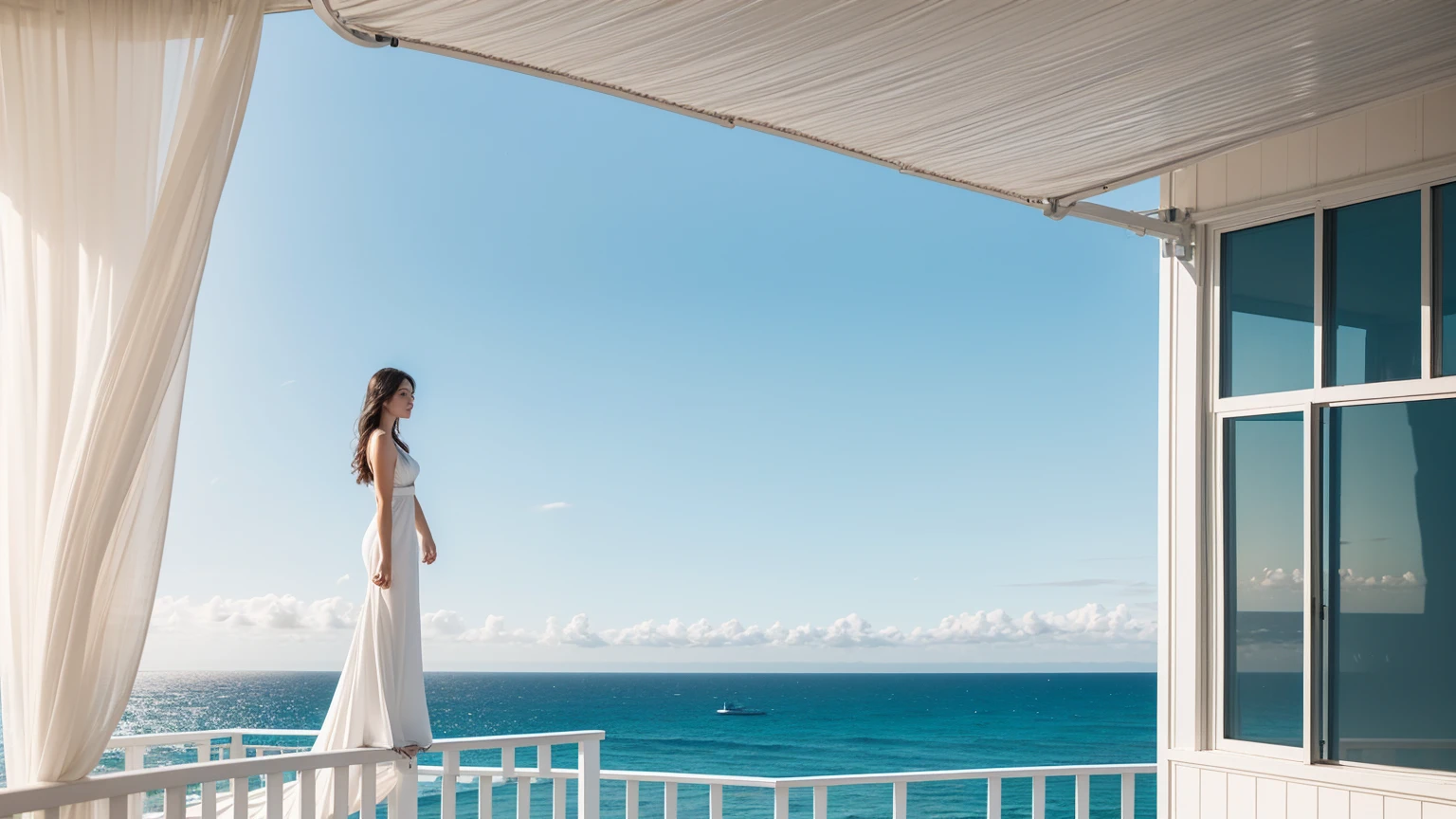 there is a woman standing on a deck Overlooking the sea, Awnings, Canopies, looking at the ocean, Next to it is the reflected ocean, Overlooking the sea, In the seaside environment, Award-winning shadows, The award-winning", Close to the sea, Award-winning masterpiece, Sea view, Looking to the horizon, looking at the ocean