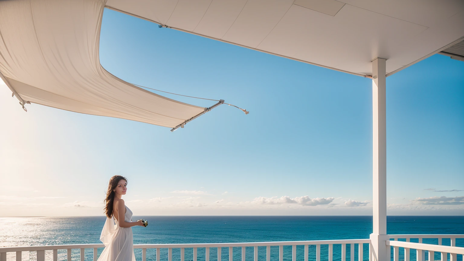 there is a woman standing on a deck Overlooking the sea, Awnings, Canopies, looking at the ocean, Next to it is the reflected ocean, Overlooking the sea, In the seaside environment, Award-winning shadows, The award-winning", Close to the sea, Award-winning masterpiece, Sea view, Looking to the horizon, looking at the ocean
