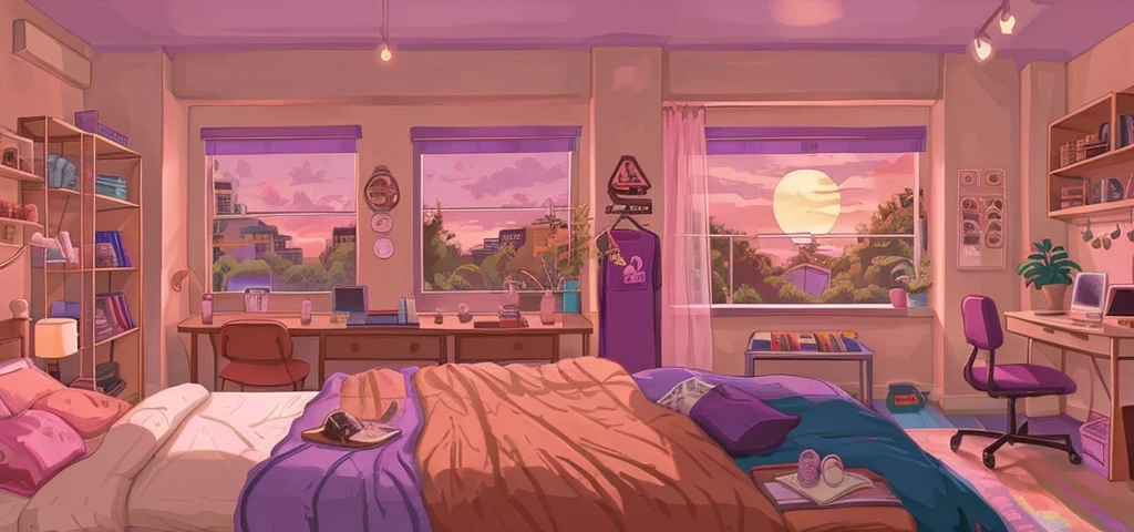 bedroom, sunset, Lofi vibe, snacks & clothes, cartoon, purple, cute