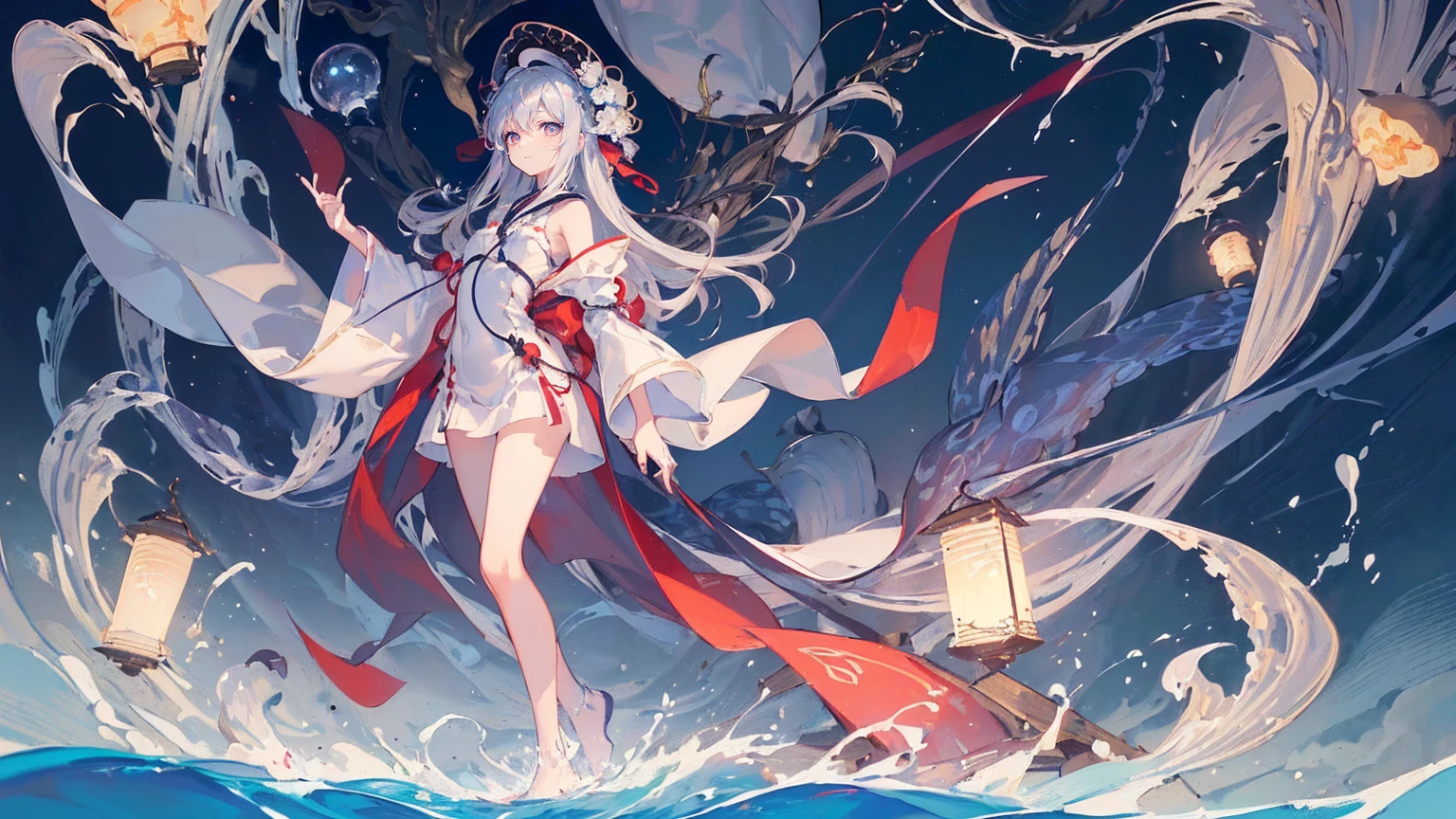 anime illustrated、Dark Fantasy、A silver-haired black shrine maiden floating in the water.、Huge shrine on the ocean floor、Brilliant coral reefs、thick thighs、ocean serpent、floating red jellyfish、Colossal tits、Plump body、Exposing breasts