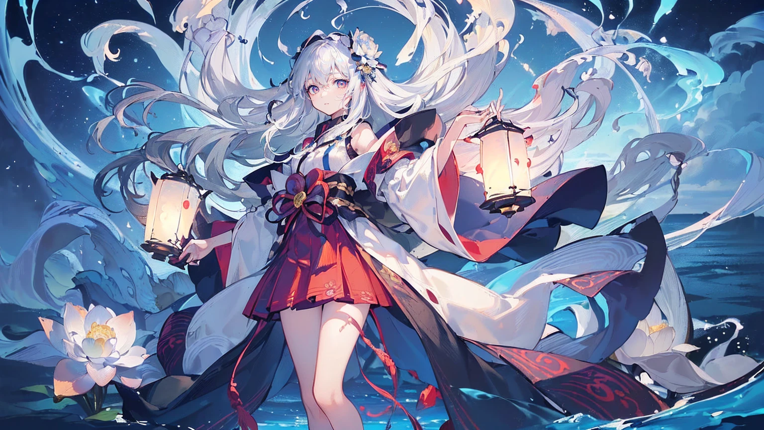 (Super detailed)),((illustration))，((masterpiece)),(((need))),((fine、Highest quality CG Unity 8K wallpapers，masterpiece），（（4K，masterpiece，best quality）），A woman about 16 years old with long blue and white hair，Floating hair，Red pupil，Blue and white robe，Inside are transparent, glowing tentacles，Black Silk，Standing on a wooden plank above the sea，Raise your right hand slightly，Cold，Rough Seas，There are many lanterns floating in the sky，Lotus flowers floating on the sea，End of the World，There are swarms of jellyfish of all sizes floating in the sky，Manipulating water，Full body picture，individual
