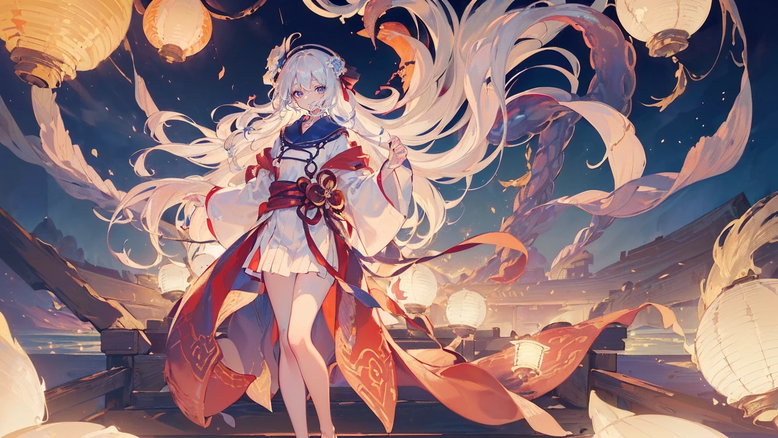(Super detailed)),((illustration))，((masterpiece)),(((need))),((fine、Highest quality CG Unity 8K wallpapers，masterpiece），（（4K，masterpiece，best quality）），A woman about 16 years old with long blue and white hair，Floating hair，Red pupil，Blue and white robe，Inside are transparent, glowing tentacles，Black Silk，Standing on a wooden plank above the sea，Raise your right hand slightly，Cold，Rough Seas，There are many lanterns floating in the sky，Lotus flowers floating on the sea，End of the World，There are swarms of jellyfish of all sizes floating in the sky，Manipulating water，Full body picture，individual