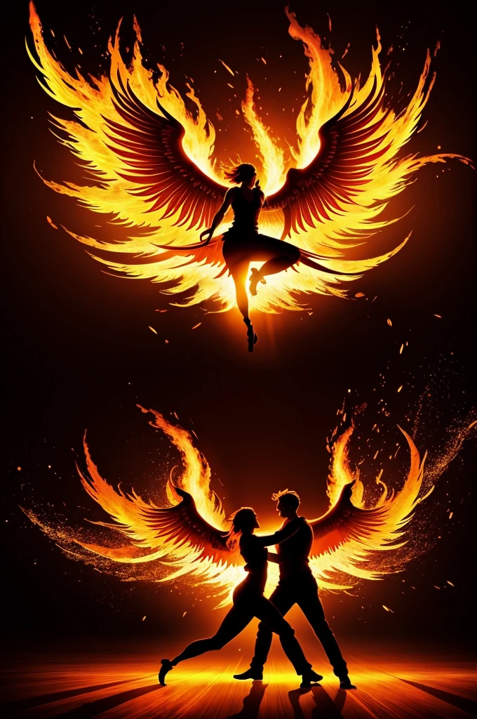 Name : phoenixfit dance Background: Use a background with vibrant colors like red, Orange and yellow, that represent the fire and energy of a phoenix.
logo: Includes a stylized silhouette of a moving phoenix, perhaps with wings spread or dancing.
typography: Use a modern and dynamic font to "Phoenixfit Dance", with fire or glow effects.
Additional items: Add figures of people dancing, perhaps with light or fire effects around to give a sense of movement and energy.