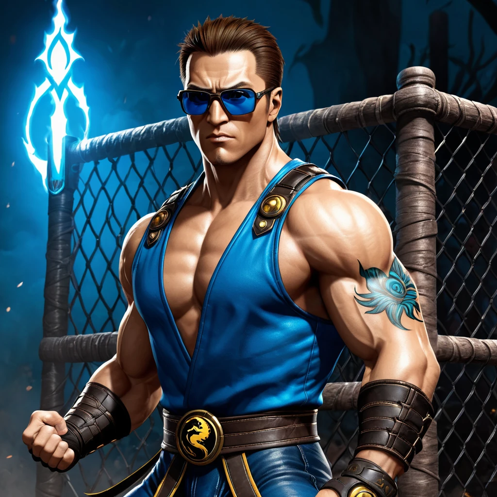 (Johnny Cage - Mortal Kombat), a muscular and athletic man, with brown hair and blue eyes. He often wears stylized combat gear., often with sunglasses and distinctive tattoos.