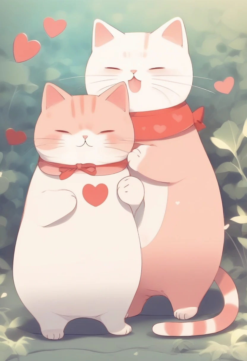 score_9, score_8_up, score_7_up, score_6_up, score_5_up, score_4_up, source_anime, 2.5D, two cute chubby cats, body language, heart shaped, fantasy wonder land, simple and cute picture book-like drawing, gentle color effects