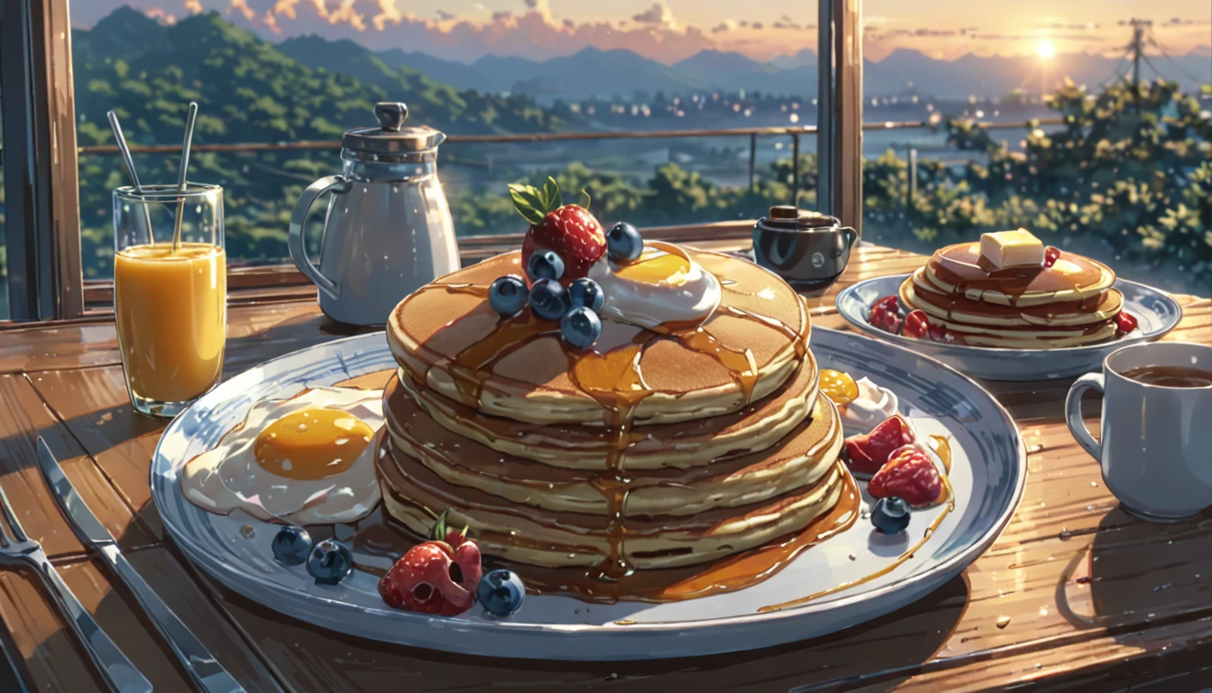((Anime: 1.4, Illustration)), (Masterpiece, Top Quality, Best Quality), (Ultra-Detailed, Absolutely Resolution), ((16k, HIGH RES)) (Nice breakfast, pancakes, fruit, morning, sunrise, sunny sky), ( Anime: 1.4, Illustration)), (Masterpiece, Top Quality, Best Quality), (Ultra-Detailed, Absolutely Resolution). Ak {Lofi Art, Style of Laurie Greasley, Style of Makoto Shinkai, Anime Aesthetic}, BREAK {(Produces IMAGES WITH ITH INFORMATION THAN 40 Million Pixels with Cinematic-Like Detailed Textures S Hot on a Sony slur).}
