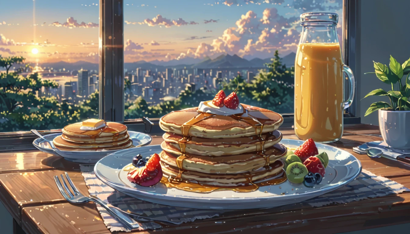 ((Anime: 1.4, Illustration)), (Masterpiece, Top Quality, Best Quality), (Ultra-Detailed, Absolutely Resolution), ((16k, HIGH RES)) (Nice breakfast, pancakes, fruit, morning, sunrise, sunny sky), ( Anime: 1.4, Illustration)), (Masterpiece, Top Quality, Best Quality), (Ultra-Detailed, Absolutely Resolution). Ak {Lofi Art, Style of Laurie Greasley, Style of Makoto Shinkai, Anime Aesthetic}, BREAK {(Produces IMAGES WITH ITH INFORMATION THAN 40 Million Pixels with Cinematic-Like Detailed Textures S Hot on a Sony slur).}