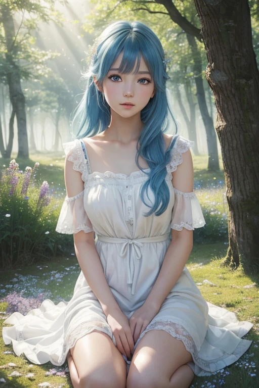 (Better quality,4K,high resolution,artwork:1.2),Ultra Detailed,Realist,Human Development Report,Japanese cartoons,girl,Blue Hair,White Dress,I will deny this,Beautiful and delicate eyes,Beautiful and delicate lips,Sitting on the floor,Wildflowers around you,Sunlight through the trees,Peaceful atmosphere,Vibrant colors,Soft shadows,Dreamy style