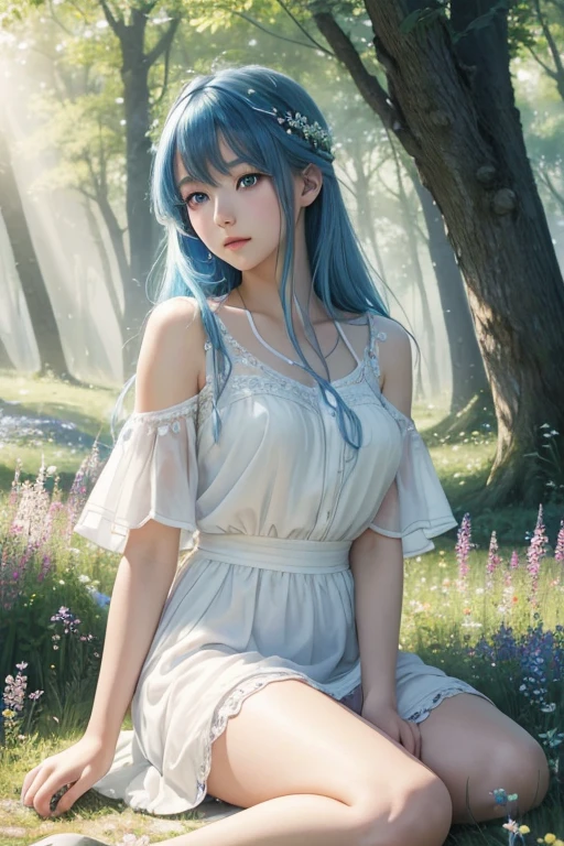 (Better quality,4K,high resolution,artwork:1.2),Ultra Detailed,Realist,Human Development Report,Japanese cartoons,girl,Blue Hair,White Dress,I will deny this,Beautiful and delicate eyes,Beautiful and delicate lips,Sitting on the floor,Wildflowers around you,Sunlight through the trees,Peaceful atmosphere,Vibrant colors,Soft shadows,Dreamy style