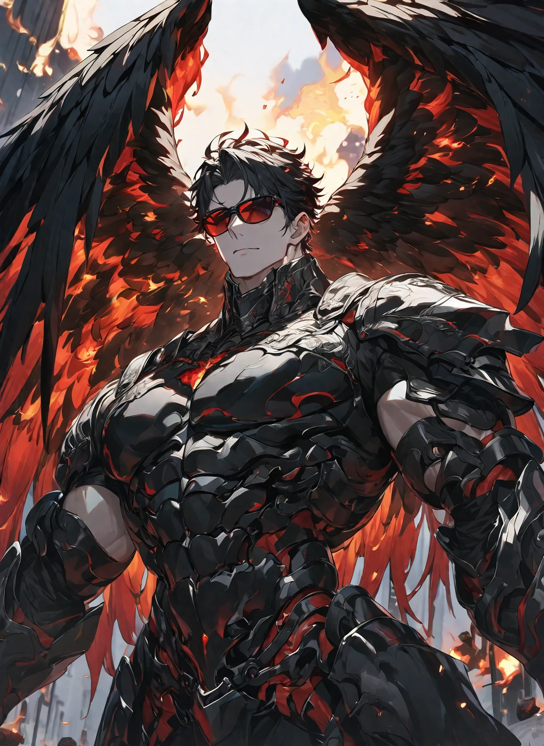 Best quality, One, beautiful, 1 man, tall man, with a sports body, V-shaped body, wide shoulders, black detailed armor with glowing white details, light white eyes, long Black hair covered with Fire Coals, 10 black angel wings, on the background Black Fire with shades of red, bloody threads