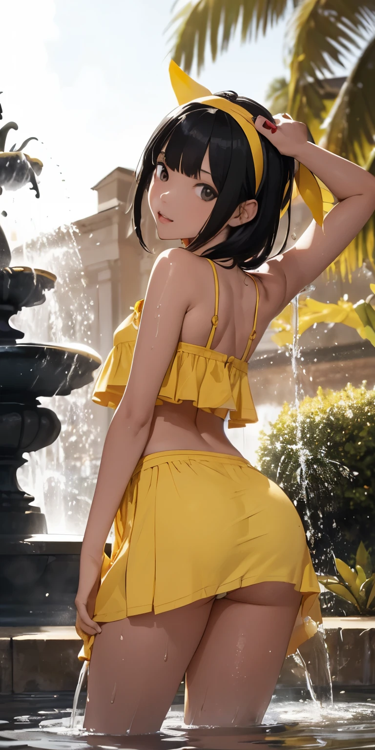 looking at the camera、Short Hair、garden、Highest quality, Super detailed, High resolution, 8k images), ((Yellow T-back)),((Yellow Bra,Side bust,Underbust)),((Show me your)), (Sticking her big ass out to the camera:1.1),((Squat with legs apart)), Fine and beautiful eyes,Perfect Proportions,(Overflowing big),(((A full-body shot from behind))), Very beautiful and cute girl,22 years old,(anime),Kamimei,alone