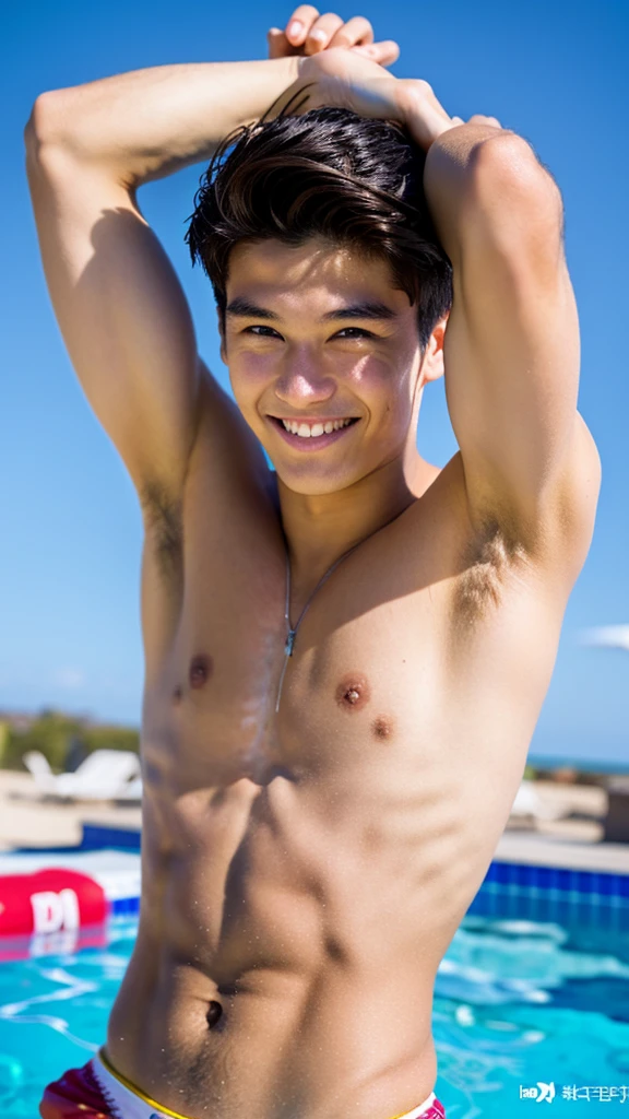 male Age 17 swimwear lifeguard topless smile