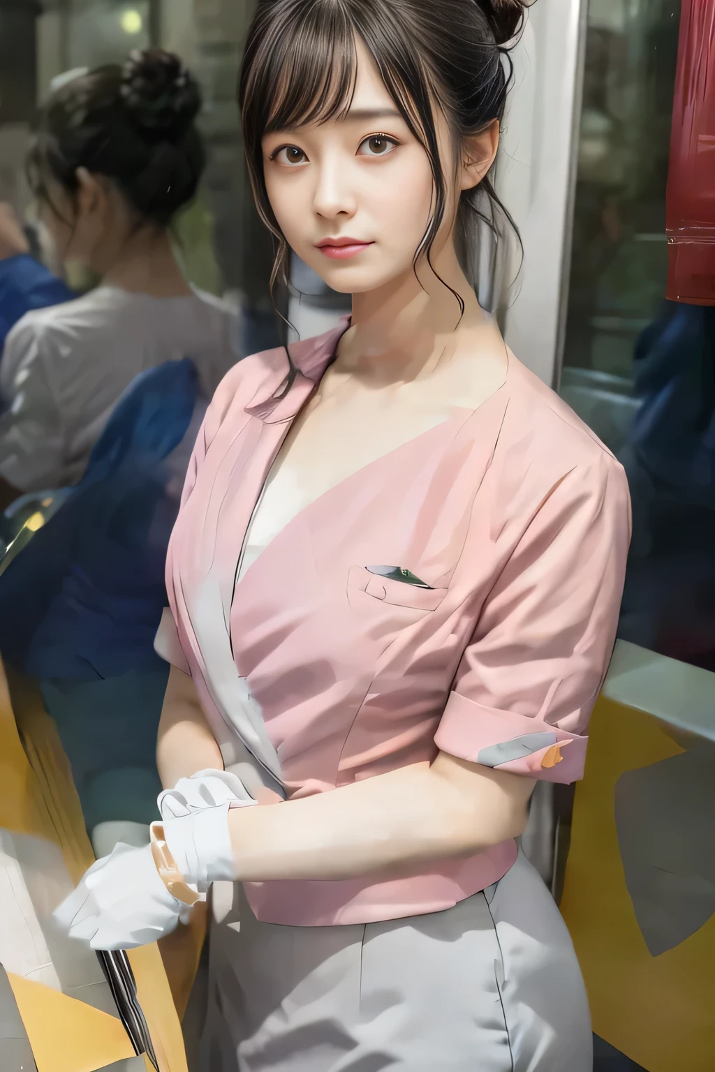 (masterpiece:1.2, Highest quality:1.2), 32k HDR, High resolution, (alone、1 girl)、(On the rooftop of a building in the daytime、Professional Lighting)、Building rooftop background、(Nankai train crew uniform pinkを着たリアルスタイル)、(Nankai train crew uniform pink short sleeve collarless pink jacket、Nankai Train Crew Uniform Pink Collarless Short Sleeve Blouse、Nankai Train Crew Uniform Pink Grey Knee-length Culottes)、((The bottom of the pink short-sleeved jacket cannot be tucked into the clay-colored culottes.))、Dark brown hair、(Hair tied up、Hair Bun、Hair Bun)、Dark brown hair、Long Shot、Big Breasts、Thin legs、((Great hands:2.0)),((Harmonious body proportions:1.5)),((Normal limbs:2.0)),((Normal finger:2.0)),((Delicate eyes:2.0)),((Normal eyes:2.0)))、(Nankai Train Crew Uniform Pink Grey Knee-length Culottesを見せた美しい立ち姿)、smile