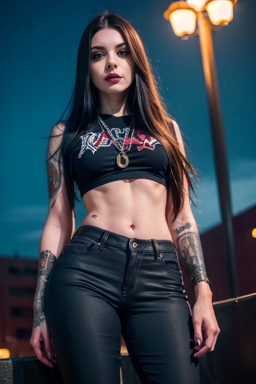 best qualityer,work of art,ultra high resolution,(Realisticity:1.4),OriginalPhoto,cinematic lighting, 1 girl, standing alone, Metalhead style girl at night under the moonlight, hot body, Abdomen, tatuados, wearing ripped black pants, black clothing, shapely body, heavy metal style, heavy metal art style, fundo de show de heavy metal. realisitic, datailed, face detailed, 4K.In the midst of pulsating lights and electronic music, explore the future of art with AI-generated images that capture the energy of a rave party. Make sure to avoid unwanted elements like malformed hands, nudity, incorrect anatomy, and poorly drawn details. Use hashtags to share your creations