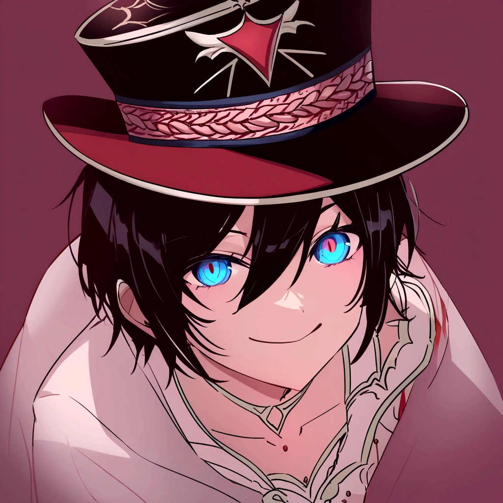 Un Chico extremadamente atractivo.., with his face covered by a top hat, cheered up style, 4k, semi-realist, detailed, extremely handsome, YOUNG, Blue eyes, cheered up style, cheered up, dominate, Chico