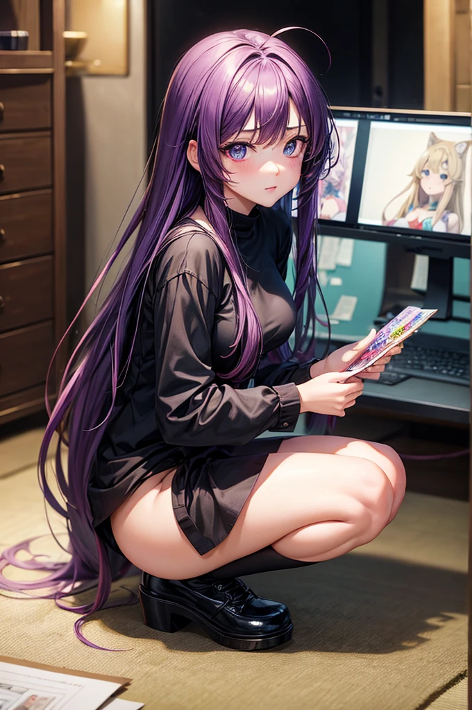 (masterpiece), best quality, expressive eyes, perfect face, nsfw, 1girl, [highly detailed eyes], (highly detailed eyes), anime girl with long purple hair and a black top, an anime drawing by Shitao, pixiv, furry art, anime moe artstyle, the anime girl is crouching, marin kitagawa fanart, , pov furry art, seductive anime girl, (nsfw) not safe for work, painted in anime painter studio, beautiful anime girl squatting
