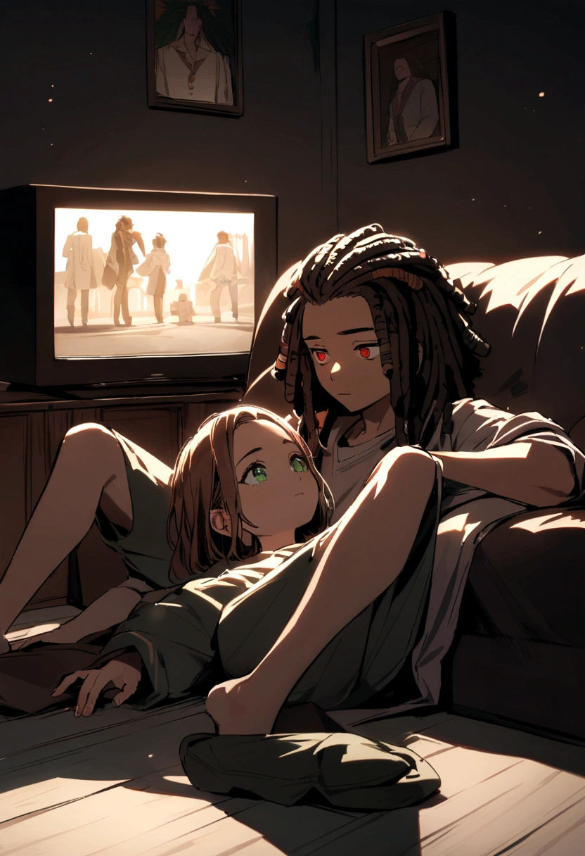 Boy with hair in dreadlocks, with red eyes, sitting on a sofa watching television while a boy with long brown hair with green eyes is lying on his legs