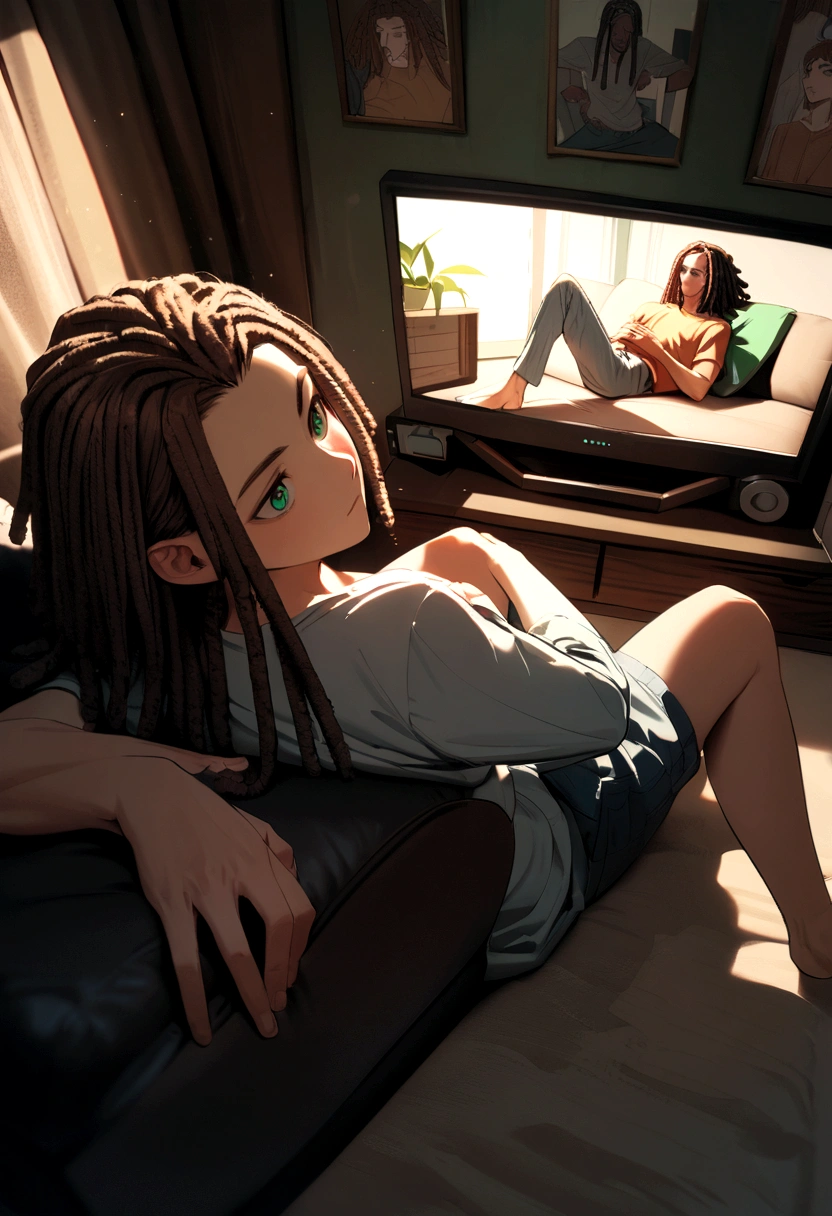 Boy with hair in dreadlocks, with red eyes, sitting on a sofa watching television while a boy with long brown hair with green eyes is lying on his legs 