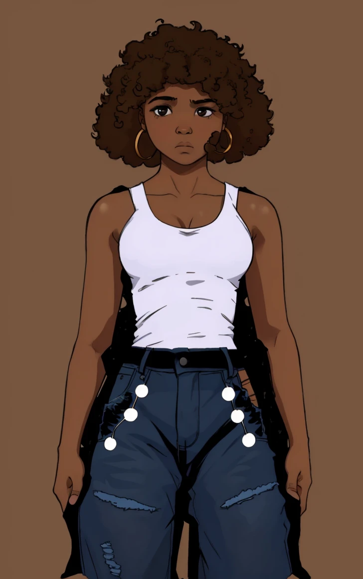 1girl, 16 year old, brown skinned, sad face, looking down, white tank top, blue jeans with cut out sides, brunette curly Afro, skilled