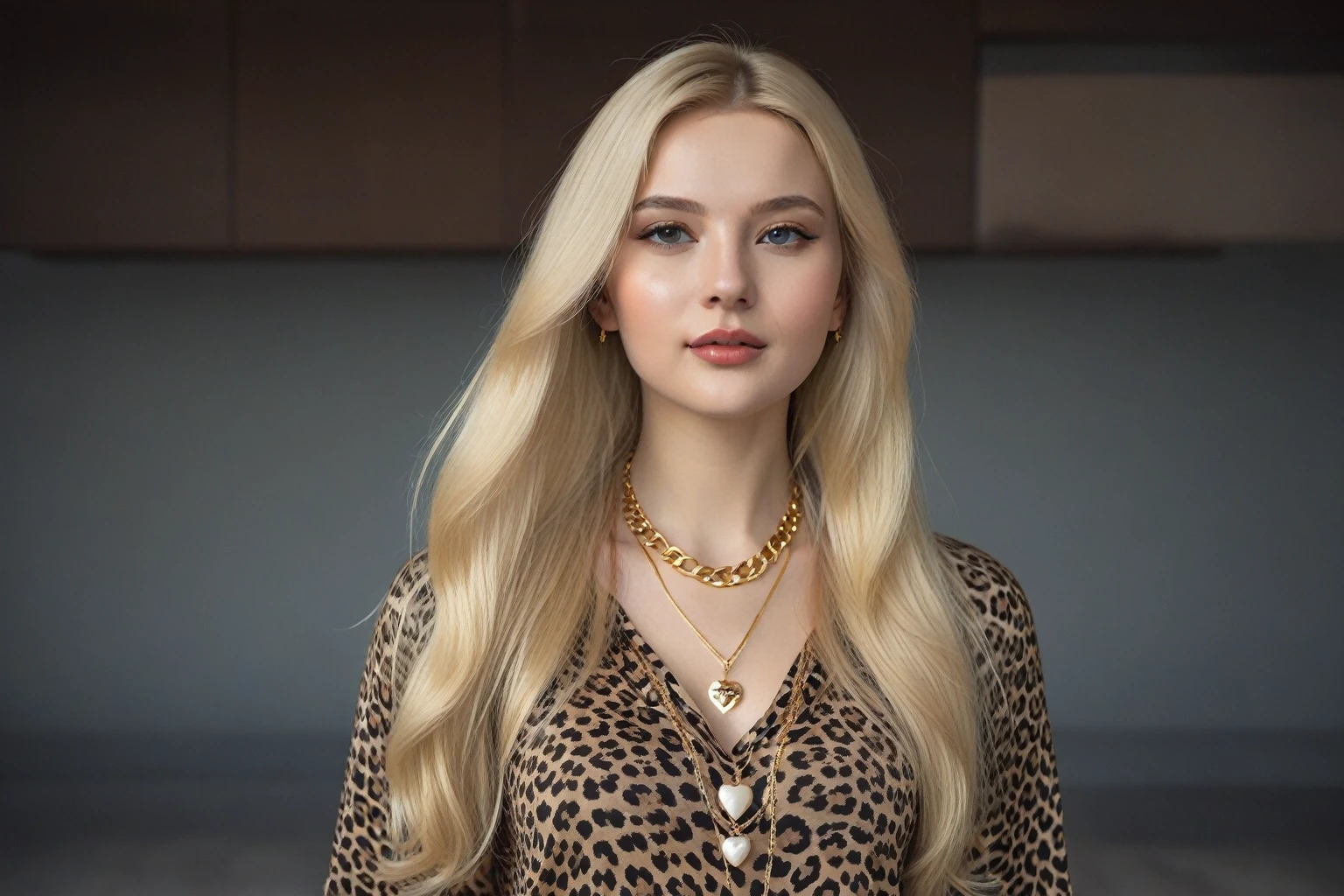Blonde woman with long hair wearing a leopard print top and necklace., with long blonde hair, Anna Nikonova aka Newmilky, Dasha Taran, blonde woman, beautiful blonde girl, Aleksandra Waliszewska, Lt. Zofia Stryjenska, blonde girl, Yelena Belova, blonde beautiful young woman, Magdalena more often