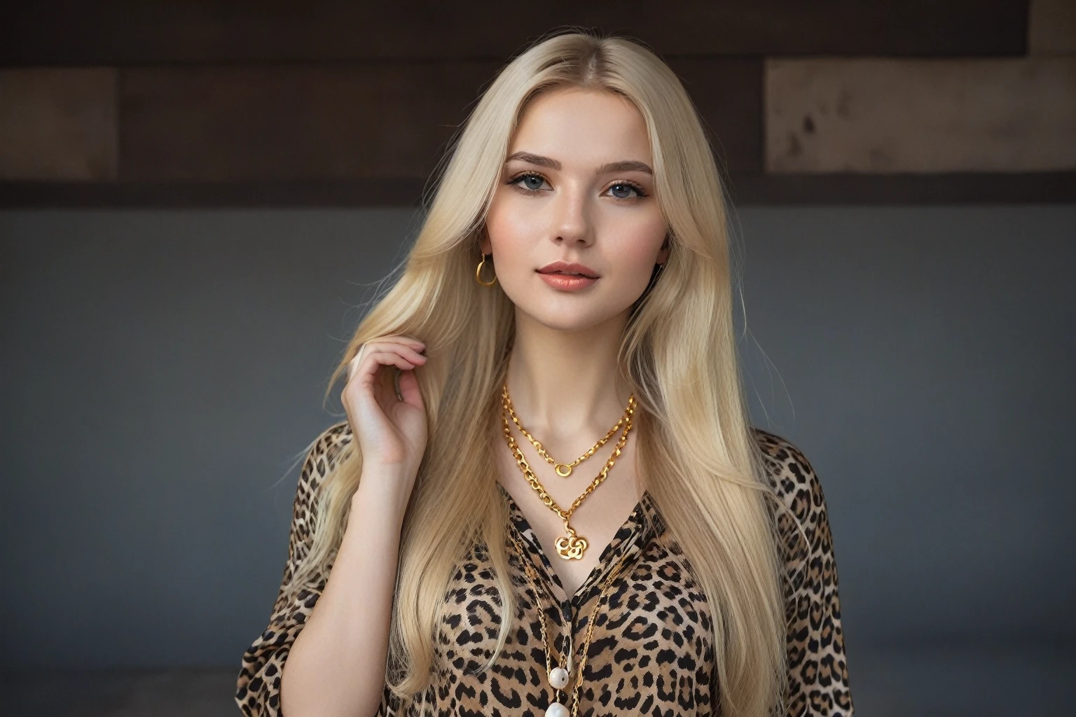 Blonde woman with long hair wearing a leopard print top and necklace., with long blonde hair, Anna Nikonova aka Newmilky, Dasha Taran, blonde woman, beautiful blonde girl, Aleksandra Waliszewska, Lt. Zofia Stryjenska, blonde girl, Yelena Belova, blonde beautiful young woman, Magdalena more often