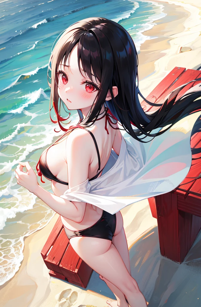Random pose,Bikini、Black Hair、Random pose、Red ribbon、Pale red eyes、Ocean、Sandy Beach、Blushing、Embarrassed expression、