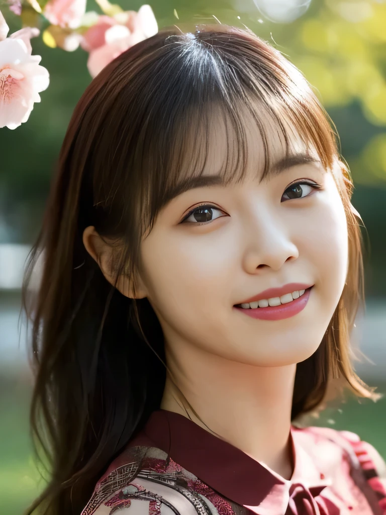 1 Girl, (Wearing a red transparent short-sleeved blouse:1.2), Beautiful Japanese actresses, (RAW Photos, Highest quality), (Realistic, Photorealistic:1.4), masterpiece, Very delicate and beautiful, Very detailed, 2k wallpaper, wonderful, finely, Very detailed CG Unity 8K 壁紙, Very detailedな, High resolution, Soft Light, Beautiful detailed girl, Very detailed目と顔, Beautiful and detailed nose, Beautiful and detailed, Cinema Lighting, BREAK, (1 with a park full of vibrant flowers in the background.3), Spring sunlight, Perfect Anatomy, Slender body, smile, Face the front completely, (Looking at the camera), West Shot, Accentuate larger breasts, Bodies facing random directions,