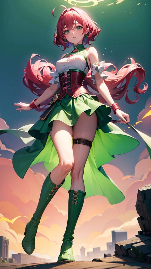 1girl, dark pink hair (short) (curly), honey skin tone, green eyes (glowing), wearing corset (red), dress (jade green) (slit), jade green boots, green aura around body, light pink knife, wind blowing, absurdres, high res, ultra sharp, 8k, masterpiece, looking at viewer