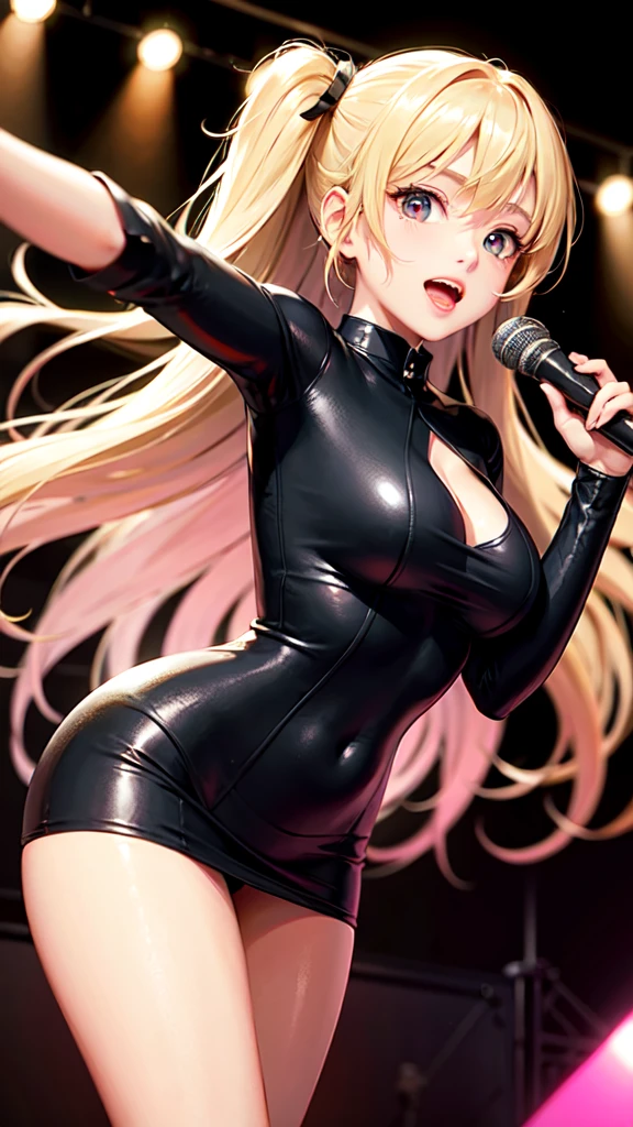 Blonde long hair high school girl、Red eyes、live、Stage Costumes、Jacket、karaoke、Dance with excitement