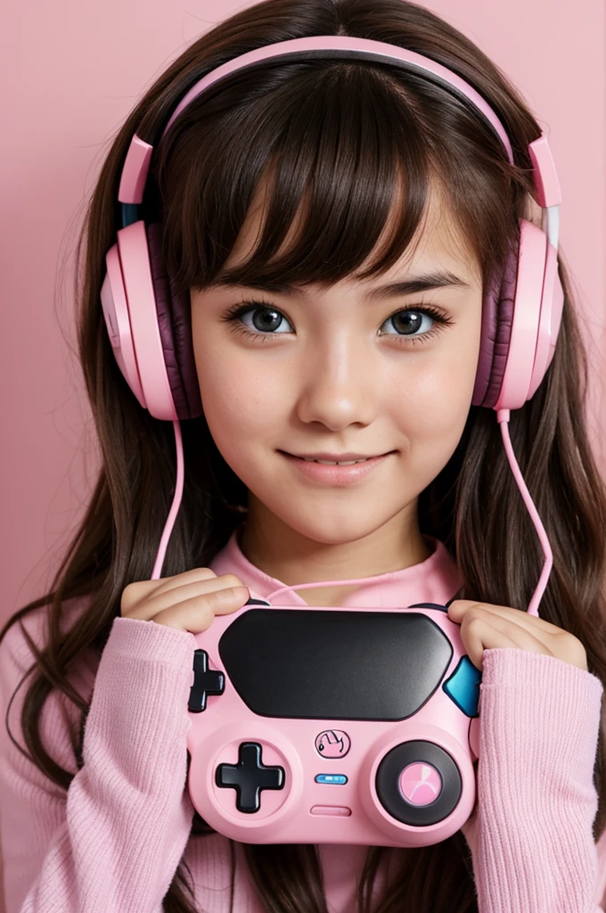 A girl with very colorful pastel pink gamer headphones with wavy dark brown hair and very kawaii brown eyes