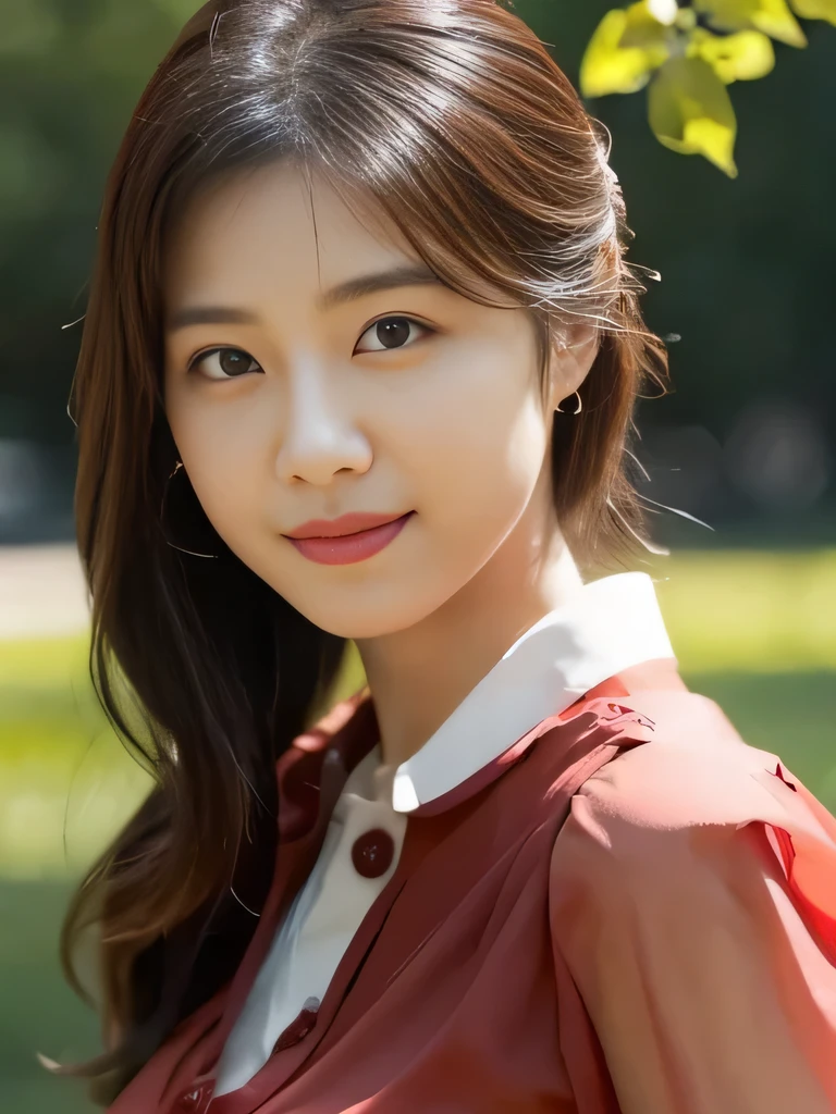 1 Girl, (Wearing a red transparent short-sleeved blouse:1.2), Beautiful Japanese actresses, (RAW Photos, Highest quality), (Realistic, Photorealistic:1.4), masterpiece, Very delicate and beautiful, Very detailed, 2k wallpaper, wonderful, finely, Very detailed CG Unity 8K 壁紙, Very detailedな, High resolution, Soft Light, Beautiful detailed girl, Very detailed目と顔, Beautiful and detailed nose, Beautiful and detailed, Cinema Lighting, BREAK, (1 with a park full of vibrant flowers in the background.3), Spring sunlight, Perfect Anatomy, Slender body, smile, Face the front completely, (Looking at the camera), West Shot, Accentuate larger breasts, Bodies facing random directions,