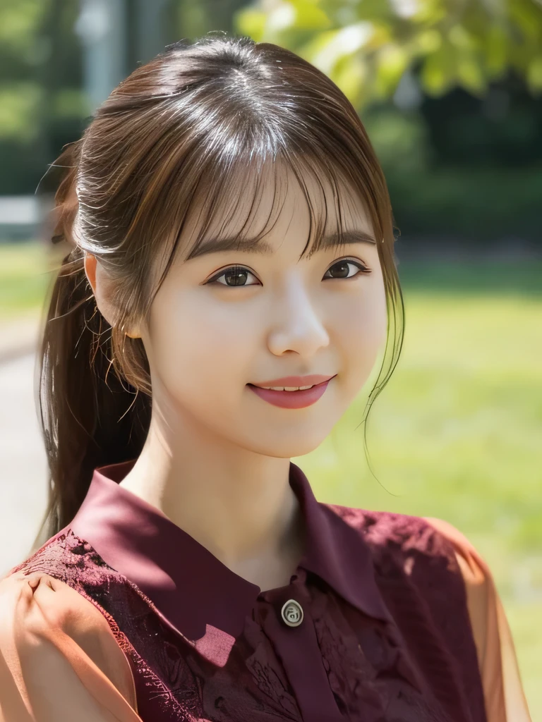 1 Girl, (Wearing a red transparent short-sleeved blouse:1.2), Beautiful Japanese actresses, (RAW Photos, Highest quality), (Realistic, Photorealistic:1.4), masterpiece, Very delicate and beautiful, Very detailed, 2k wallpaper, wonderful, finely, Very detailed CG Unity 8K 壁紙, Very detailedな, High resolution, Soft Light, Beautiful detailed girl, Very detailed目と顔, Beautiful and detailed nose, Beautiful and detailed, Cinema Lighting, BREAK, (1 with a park full of vibrant flowers in the background.3), Spring sunlight, Perfect Anatomy, Slender body, smile, Face the front completely, (Looking at the camera), West Shot, Accentuate larger breasts, Bodies facing random directions,