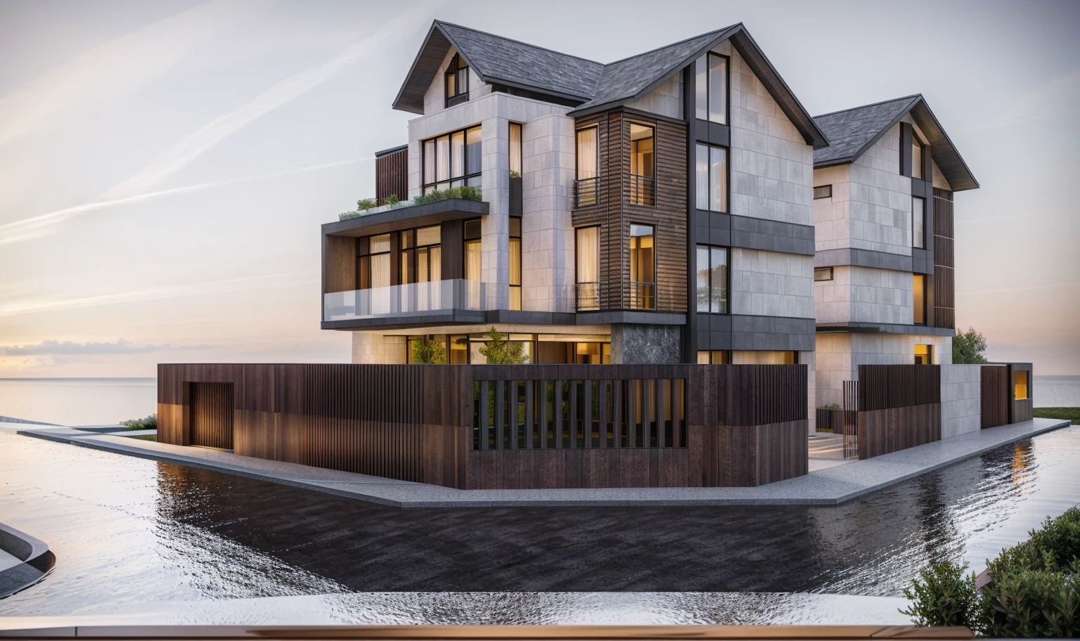 villa modern,night, Realistic, exterior, sunlight, house, RAW photo, 8k uhd, dslr, (high detailed skin:1.3), soft lighting, ultra quality, film grain, Fujifilm XT3, sharp image, best quality, authentic, hight quality,