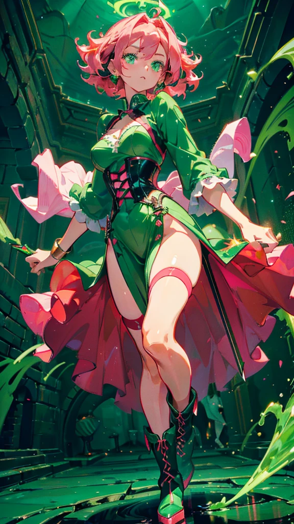 1girl, dark pink hair (short) (curly), honey skin tone, green eyes (glowing), wearing corset (red), dress (jade green) (slit), jade green boots, green aura around body, light pink knife, wind blowing, absurdres, high res, ultra sharp, 8k, masterpiece, looking at viewer