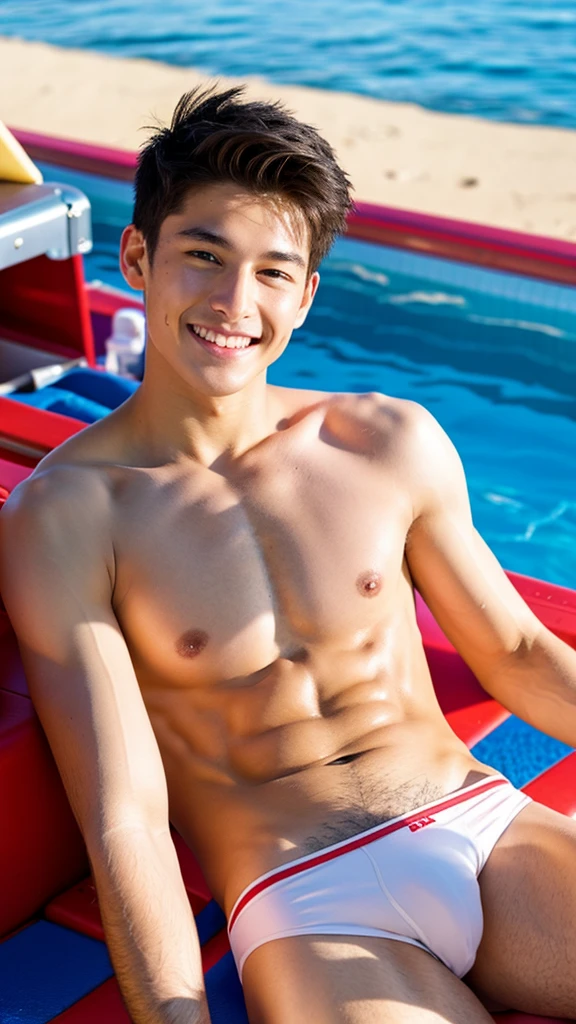 male Age 19 swimwear lifeguard topless smile