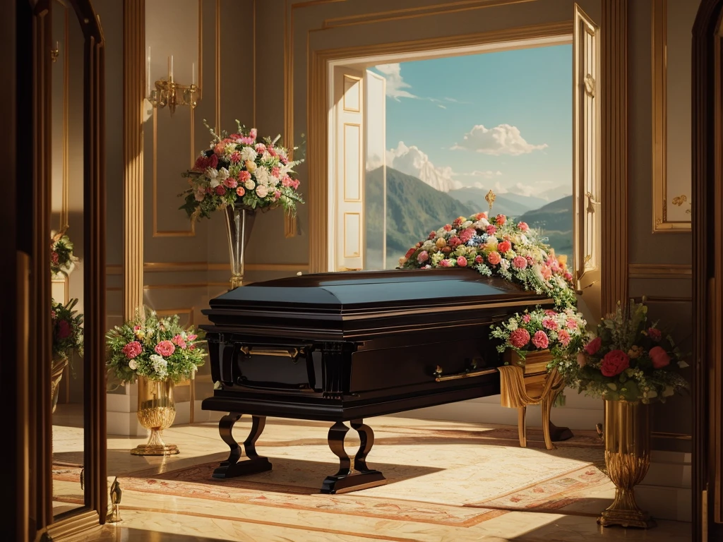 There are two vases on the table in front of the mirror., Arthur Sarkisian cartoon, Pixabay, realism, Funeral, coffin, walk in a Funeral procession, Perfect in every detail, Beautiful images, Beautiful views, Beautiful appearance, Comfortable and friendly, Beautiful environment, Heaven on Earth, Filmed in the early 2020s